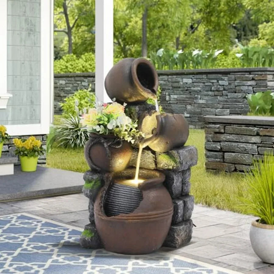 Outdoor Water Fountain with LED Lights and Pump 4-Tier Cascading