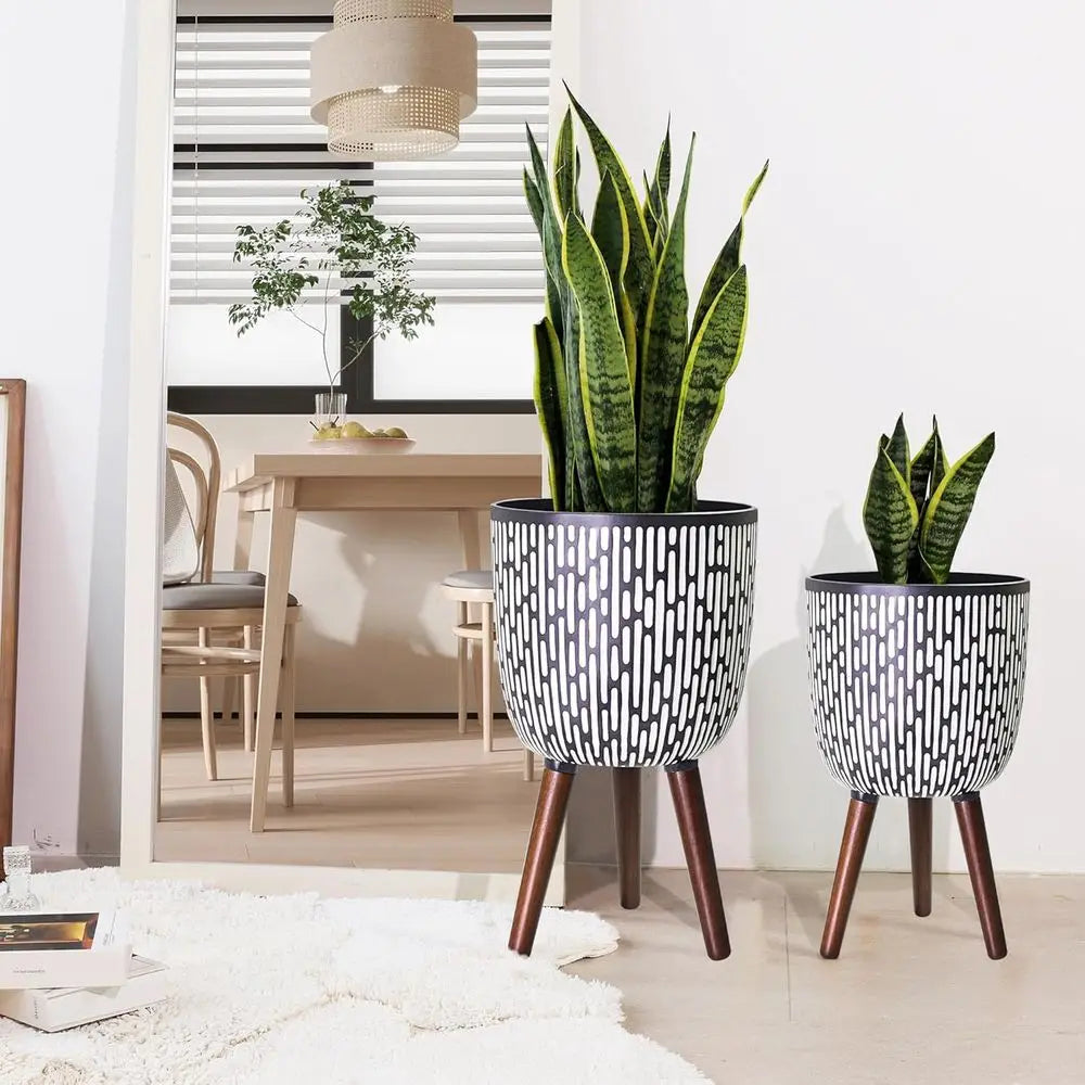 Boho Plant Pot With Stand Two Pack Elevated Planter Drainage