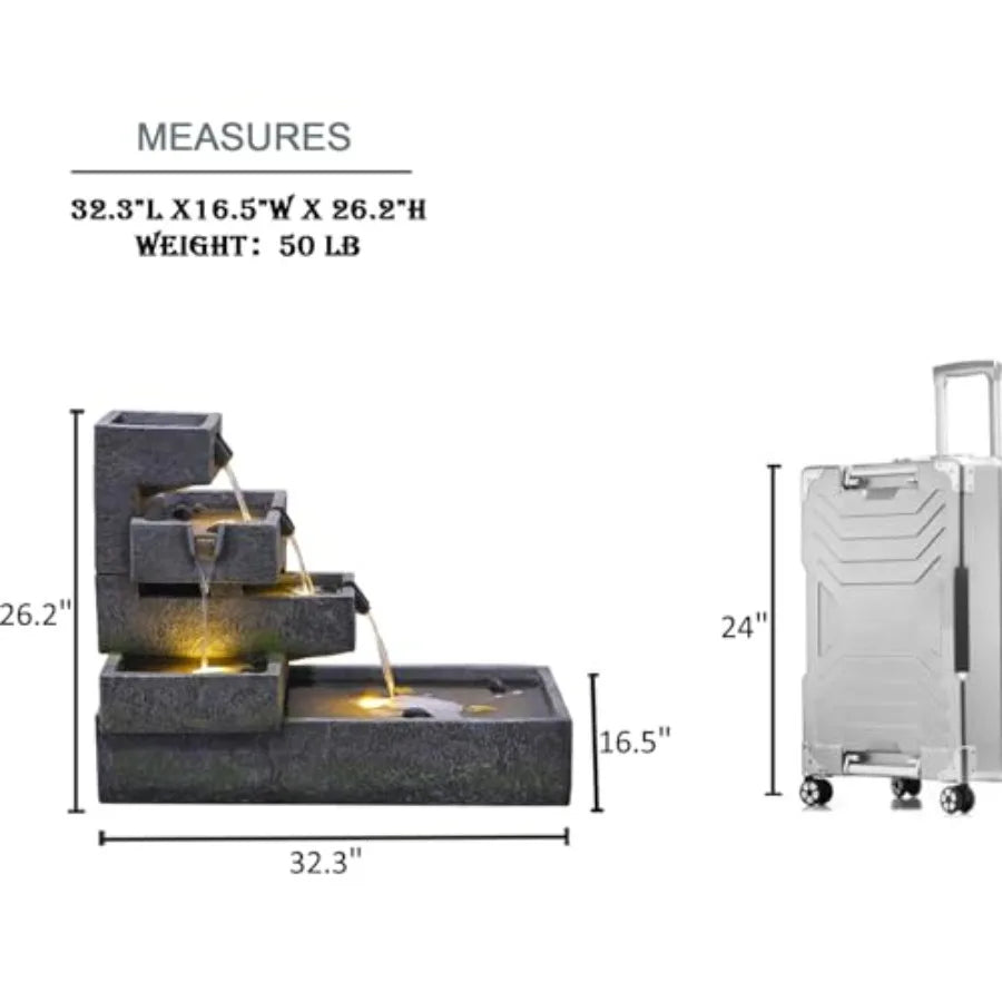 Tiered Water Fountain Outdoor Garden Cascade With LED Lighting Concrete