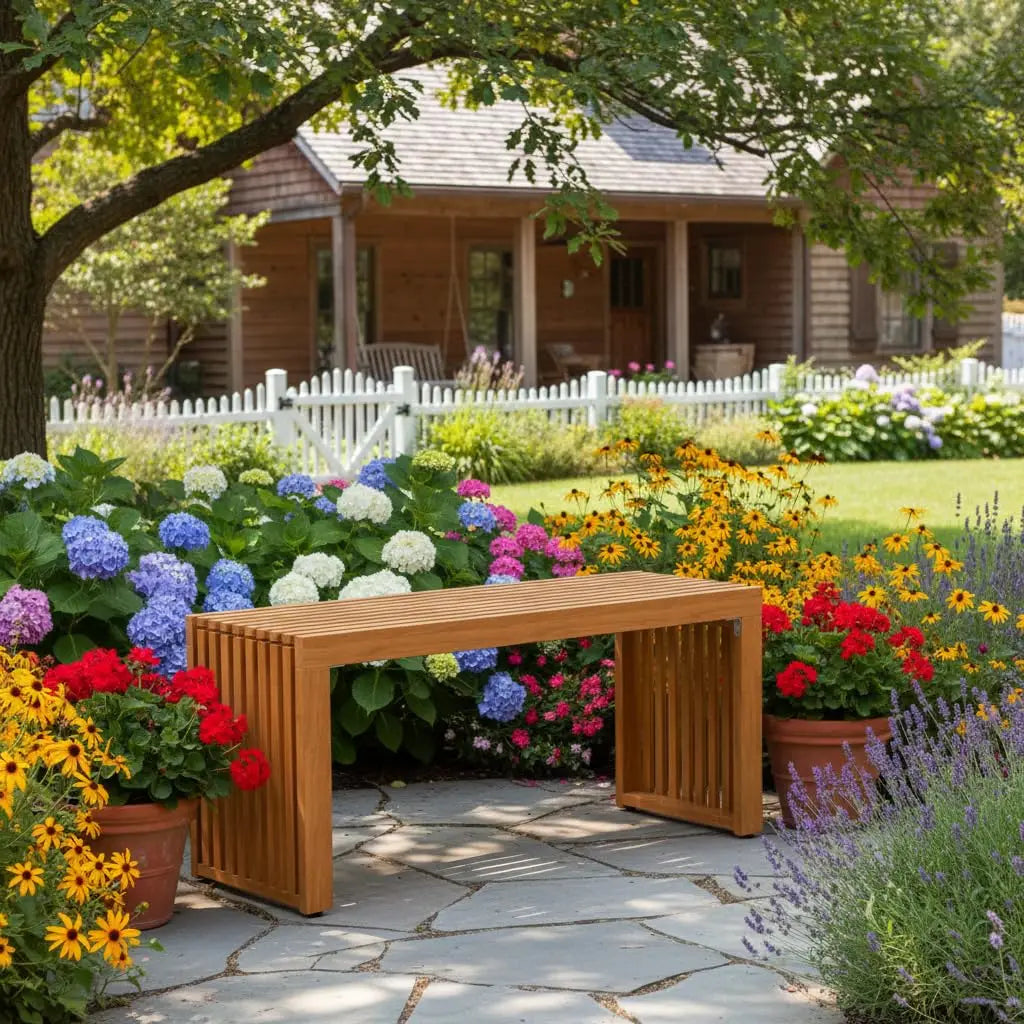 Acacia Wood Patio Bench Outdoor Backless Seating For Two