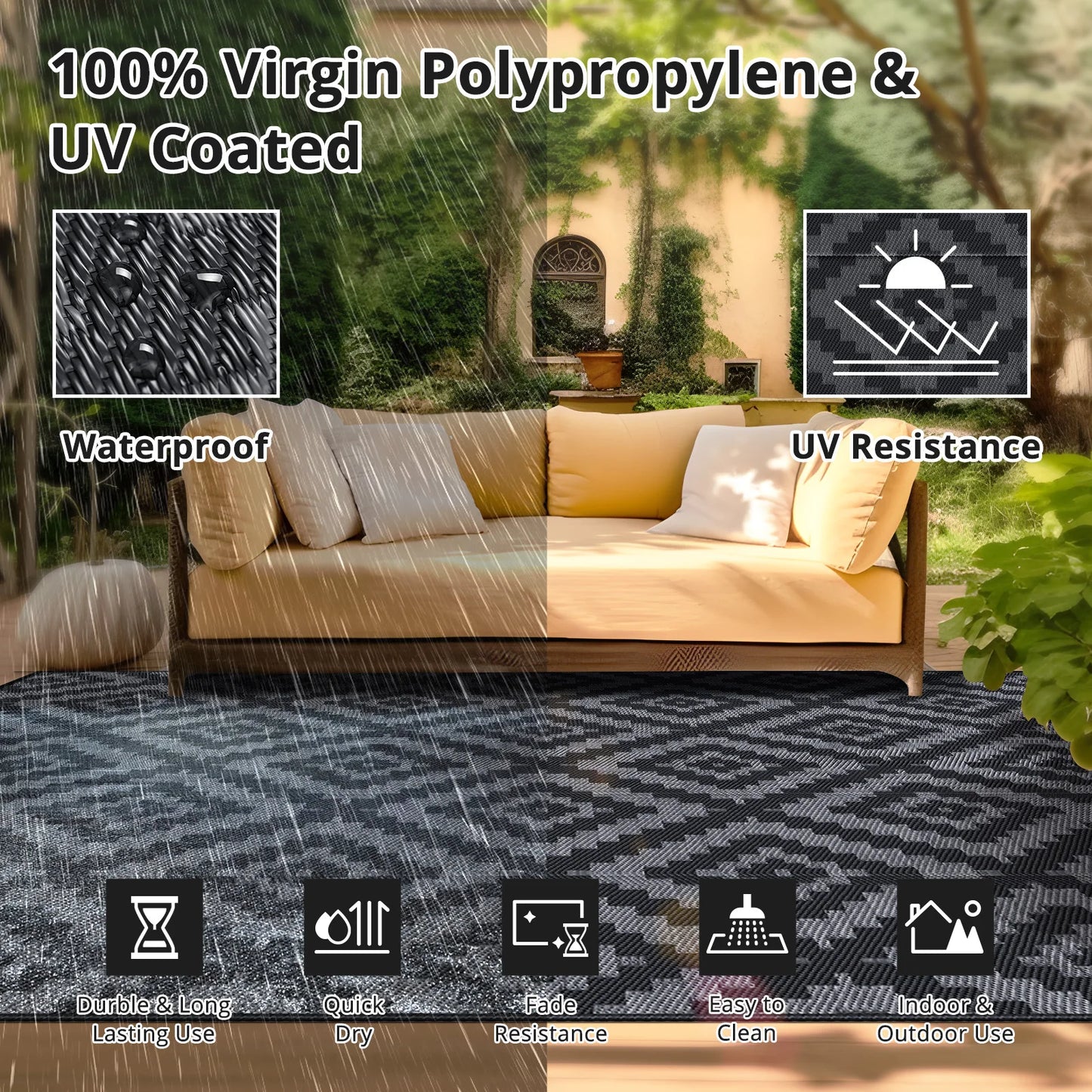Geometric Outdoor Polyester Rug Waterproof Reversible For Patio Deck Balcony