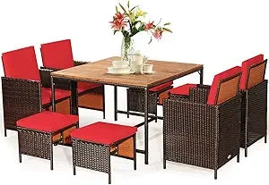 Patio Dining Set With Rattan Chairs And Tempered Glass Table And Ottoman