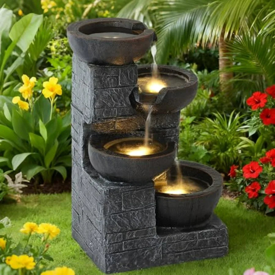 Outdoor Cascading Water Fountain With Four Tiers And LED Lights