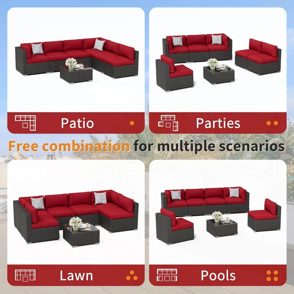 7 Piece Outdoor Patio Furniture Set With Glass Top Table