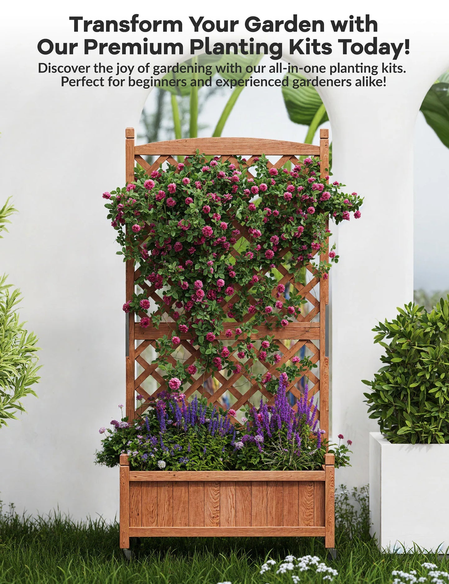 Twister.CK Wood Planter Box With Trellis Wheels Raised Garden Bed