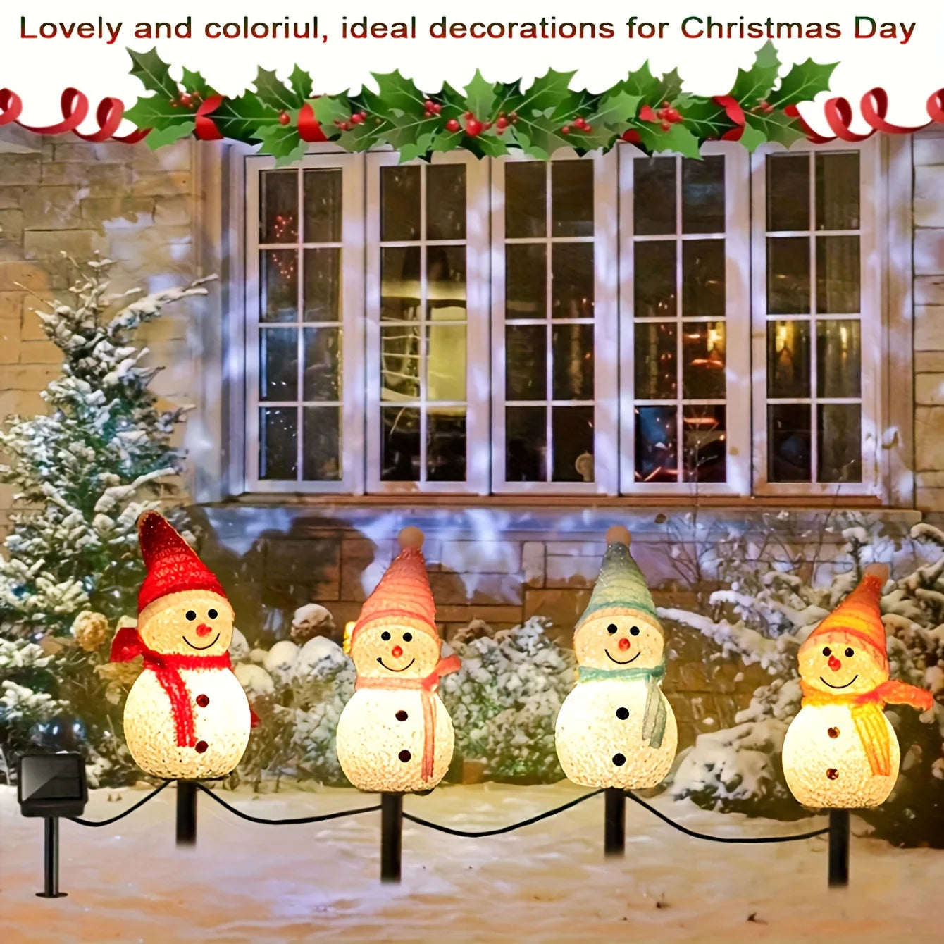 Solar Powered Snowman Lights 4 Piece Outdoor Garden String Set