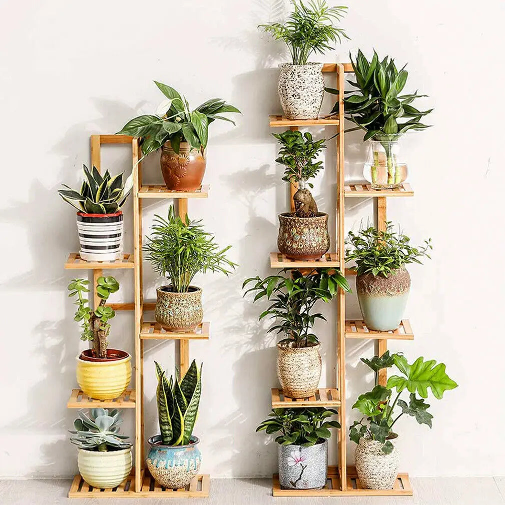 Bamboo Multi Tier Plant Stand Vertical Corner Shelf For Indoor Outdoor Use