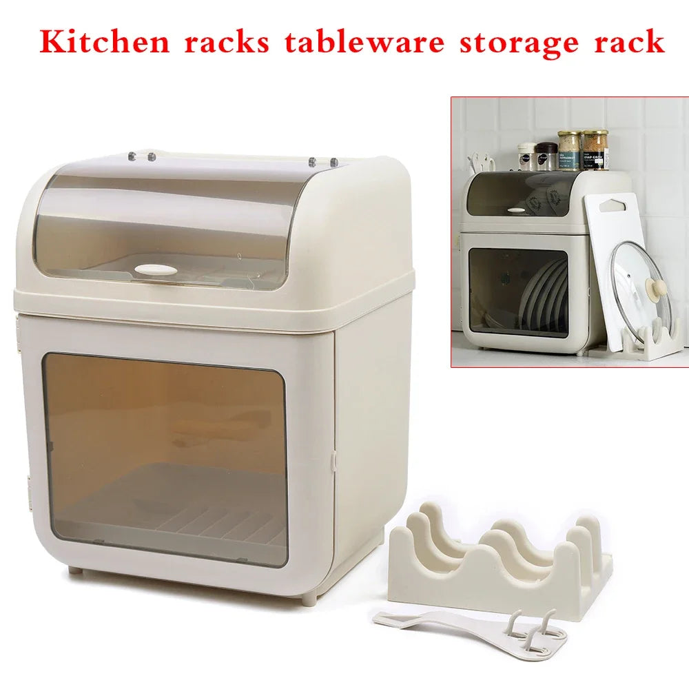 Dish Drying Rack With Cover Dustproof Drainer Basket Utensil Organizer