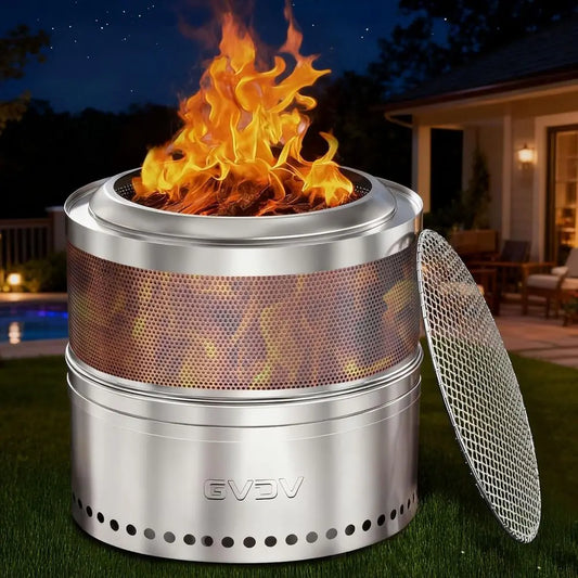 Hollow-Carved Airflo Smokeless Firepit With Grill And Removable Ash Pan
