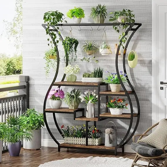 RBXC Vase Shaped Ladder Plant Stand With 10 Hanging Hooks