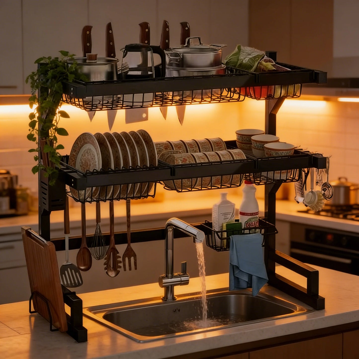 Over Sink Dish Drying Rack With Adjustable Shelves And Utensil Holder