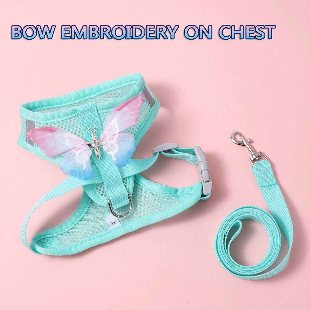 Breathable Cat And Small Dog Harness Set With Butterfly Design