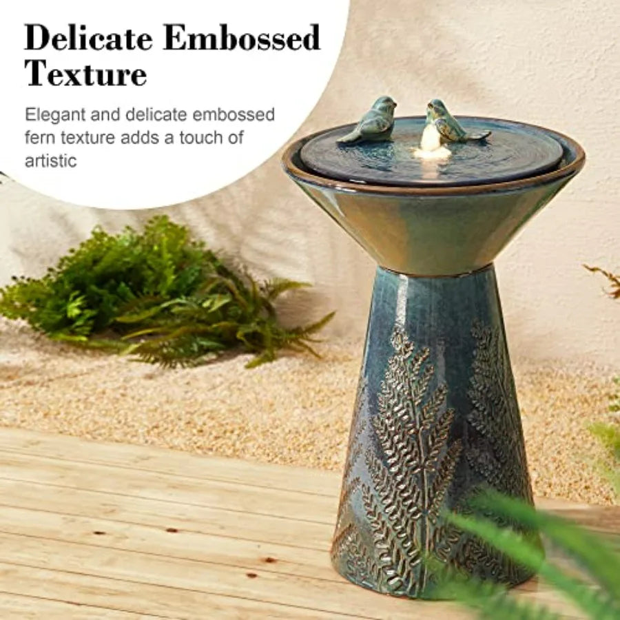 Ceramic Garden Water Fountain LED Light And Pump Bird Bath