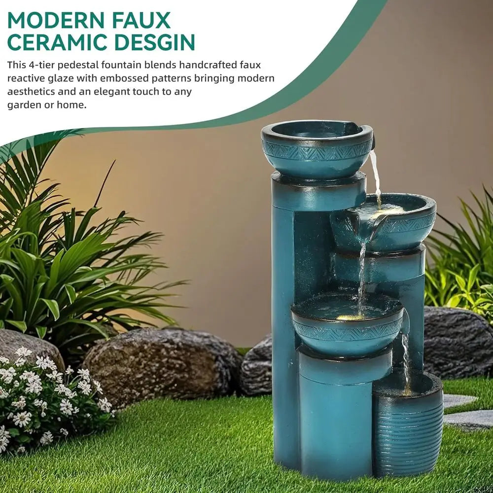 Outdoor 4-Tier Cascading Water Fountain With LED Lights And Pump