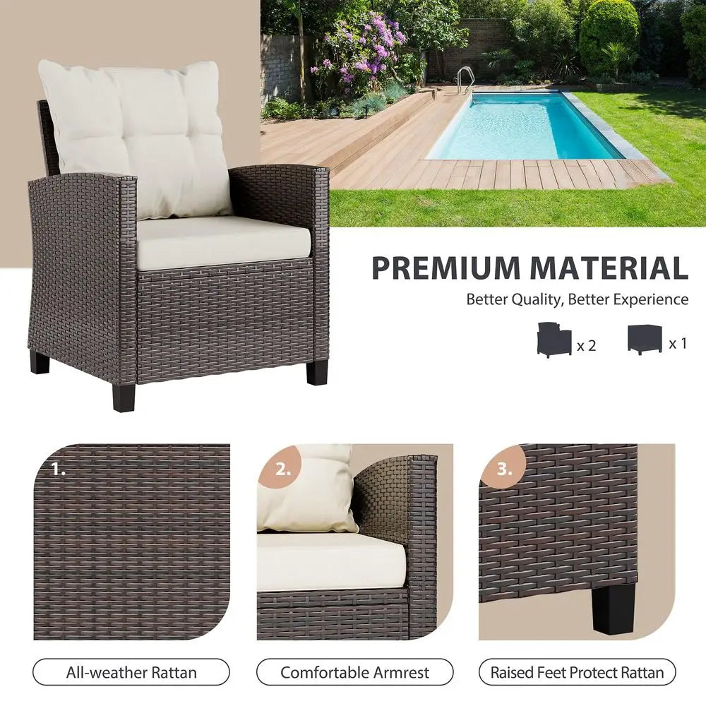 3 Piece Patio Wicker Rattan Bistro Set With Cushioned Chairs