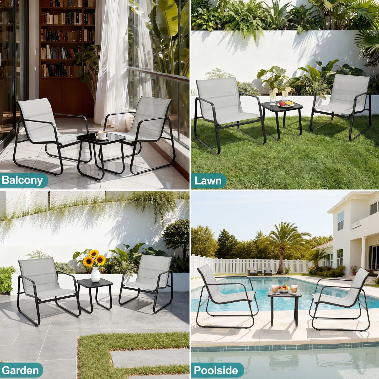 JHK Patio Furniture 3 Piece Set With Table Metal Frame