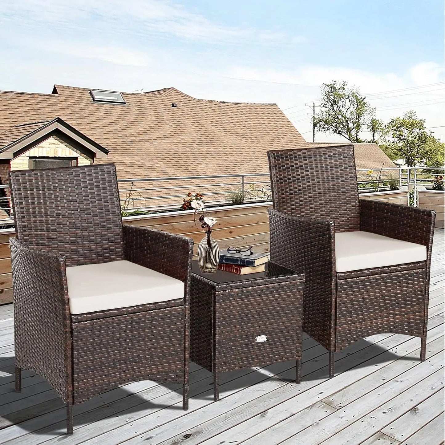 Three Piece Patio Conversation Set With Wicker Chairs