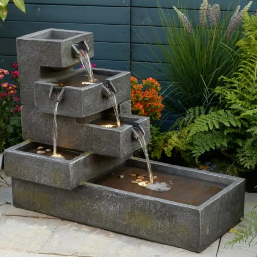 Tiered Water Fountain Outdoor Garden Cascade With LED Lighting Concrete