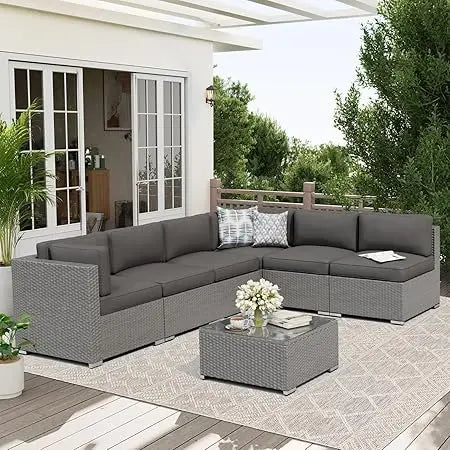 7 Piece Outdoor Patio Furniture Set With Glass Top Table