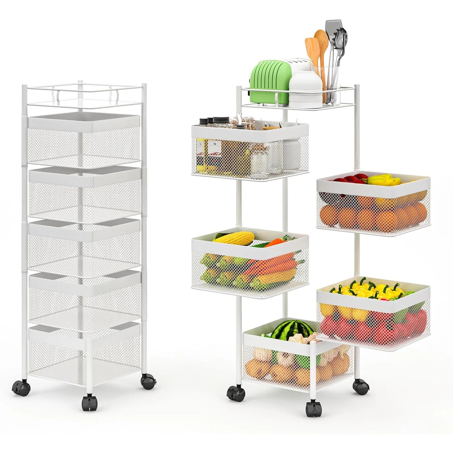 HiMISS 5-Tier Rolling Storage Cart With Rotating Baskets 360 Degree