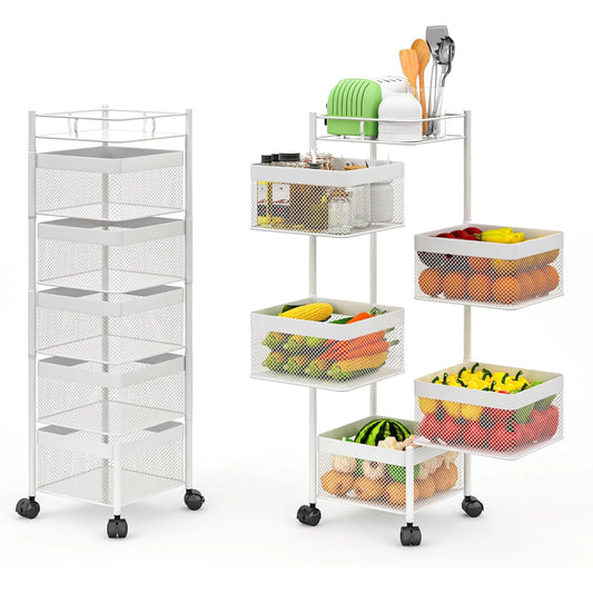 HiMISS 5-Tier Rolling Storage Cart With Rotating Baskets 360 Degree