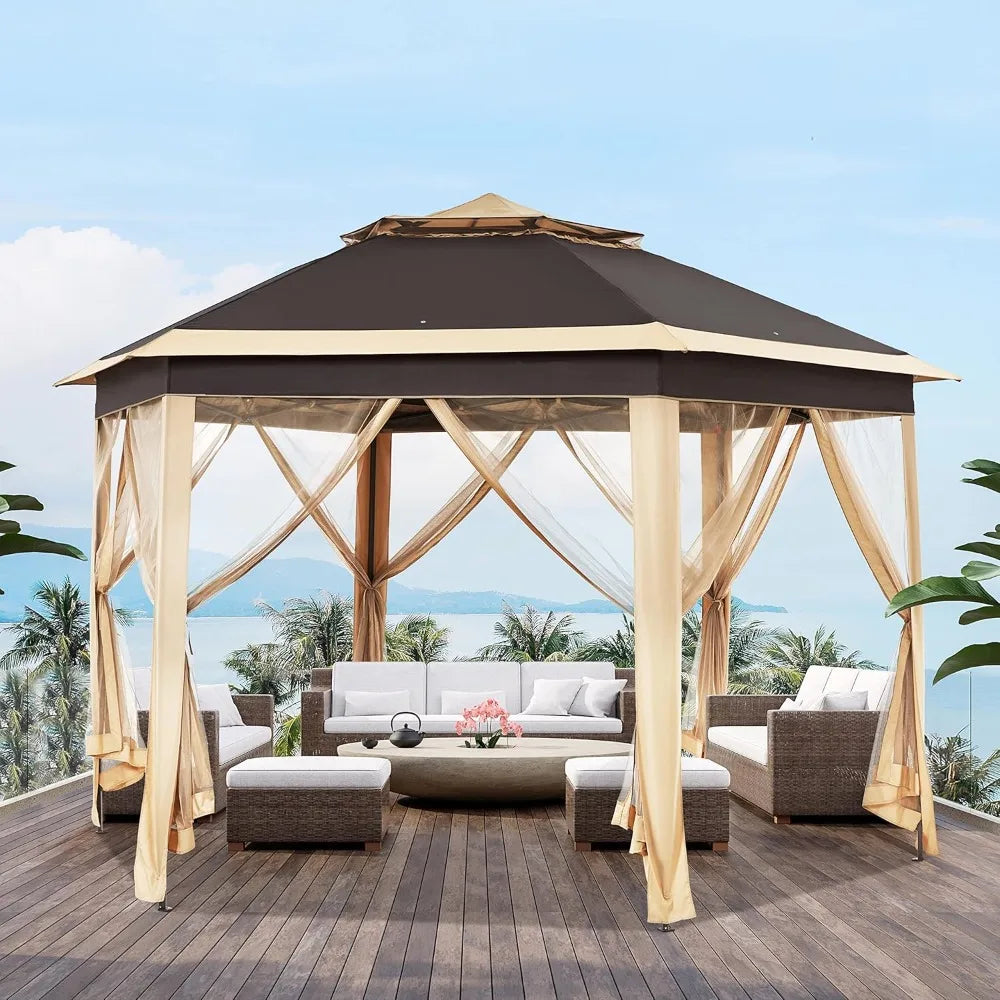 Pop Up Gazebo Hexagonal Outdoor Canopy With Double Tier Roof