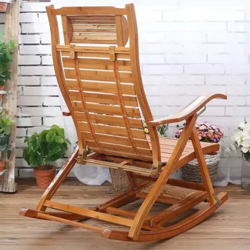 Heavy Duty Folding Rocking Chair Bamboo Outdoor Adjustable Sun Lounger