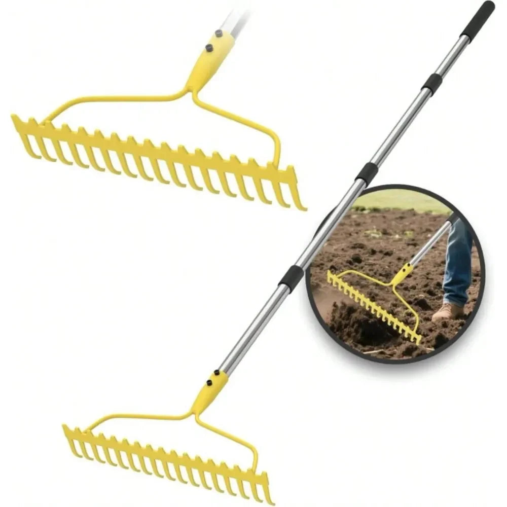 Heavy Duty Bow Rake for Leaves, 17 Tines, Metal Handle