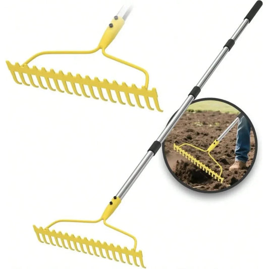 Heavy Duty Bow Rake for Leaves, 17 Tines, Metal Handle