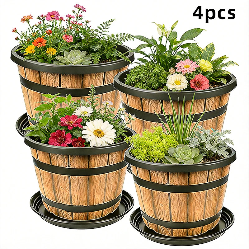 Indoor Resin Flower Planter Imitation Wooden Barrel for Balcony Decor