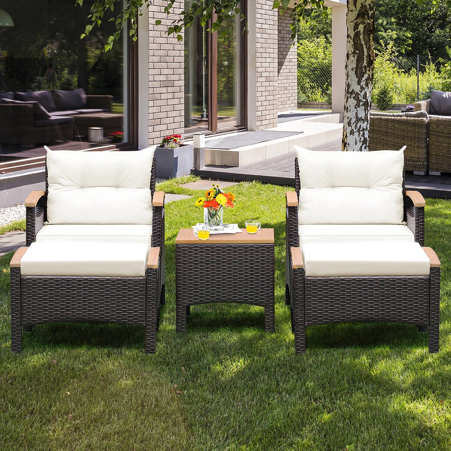 HOMASIS 5 Piece Patio Rattan Furniture Set With Wood Top