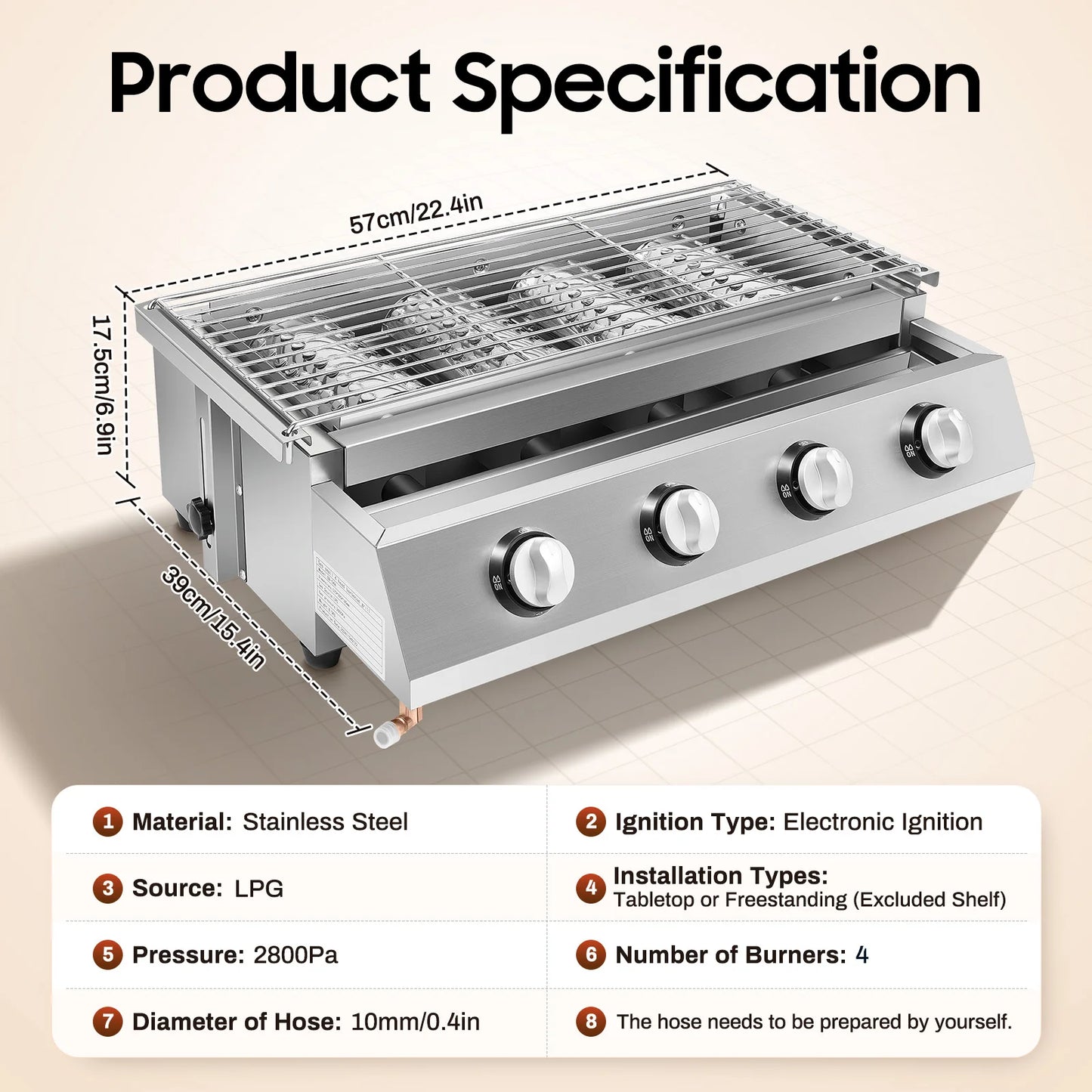 4 Burner Propane Gas Grill Portable Smokeless Outdoor