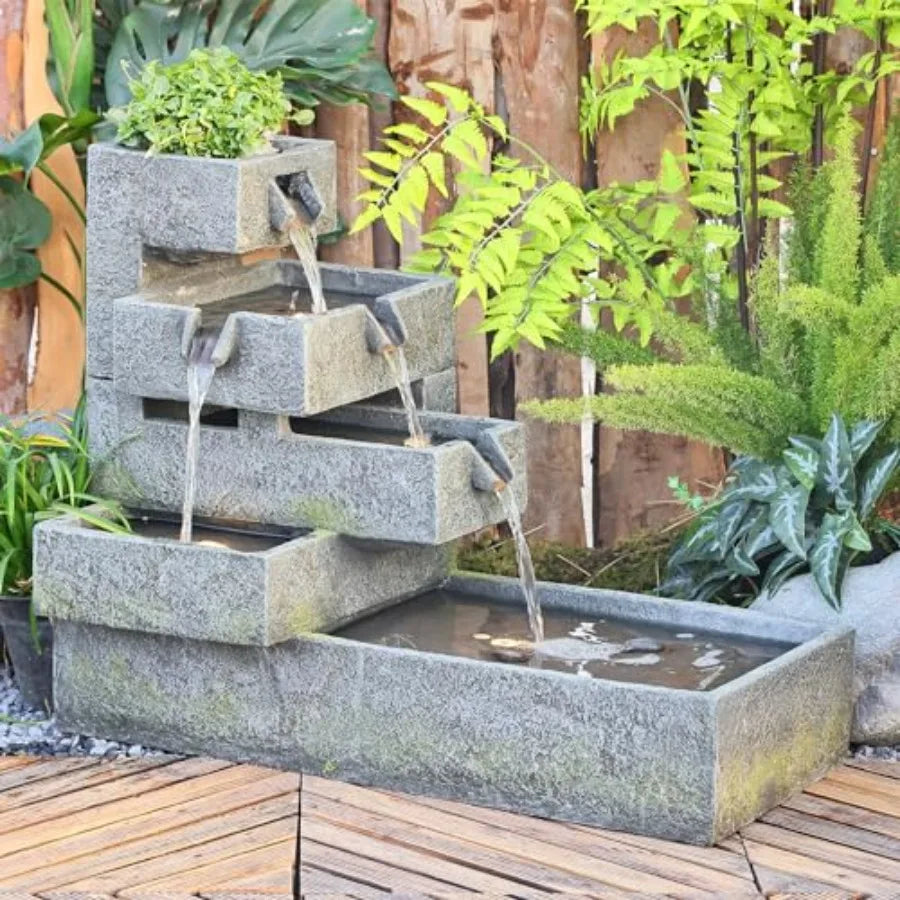 Tiered Water Fountain Outdoor Garden Cascade With LED Lighting Concrete