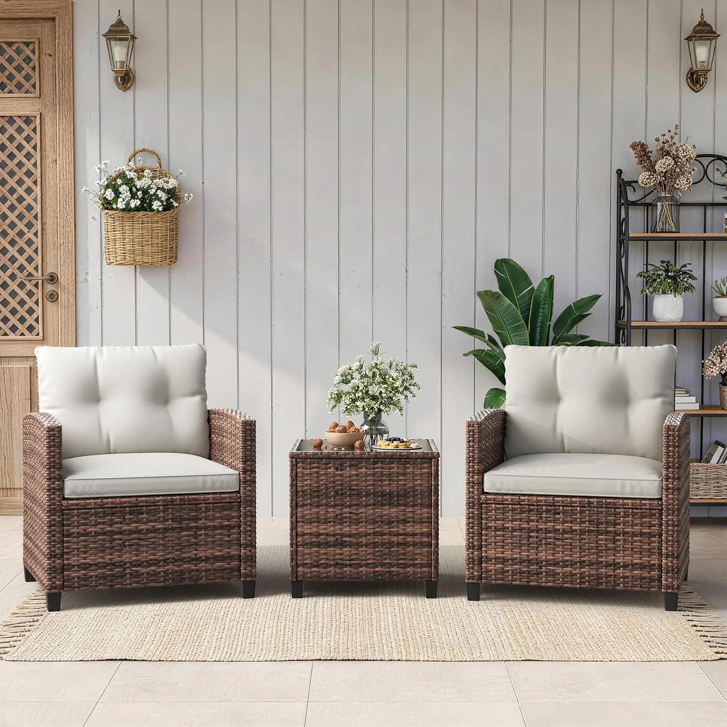 HiMISS Outdoor Patio Bistro Set Rattan Chairs And Side Table
