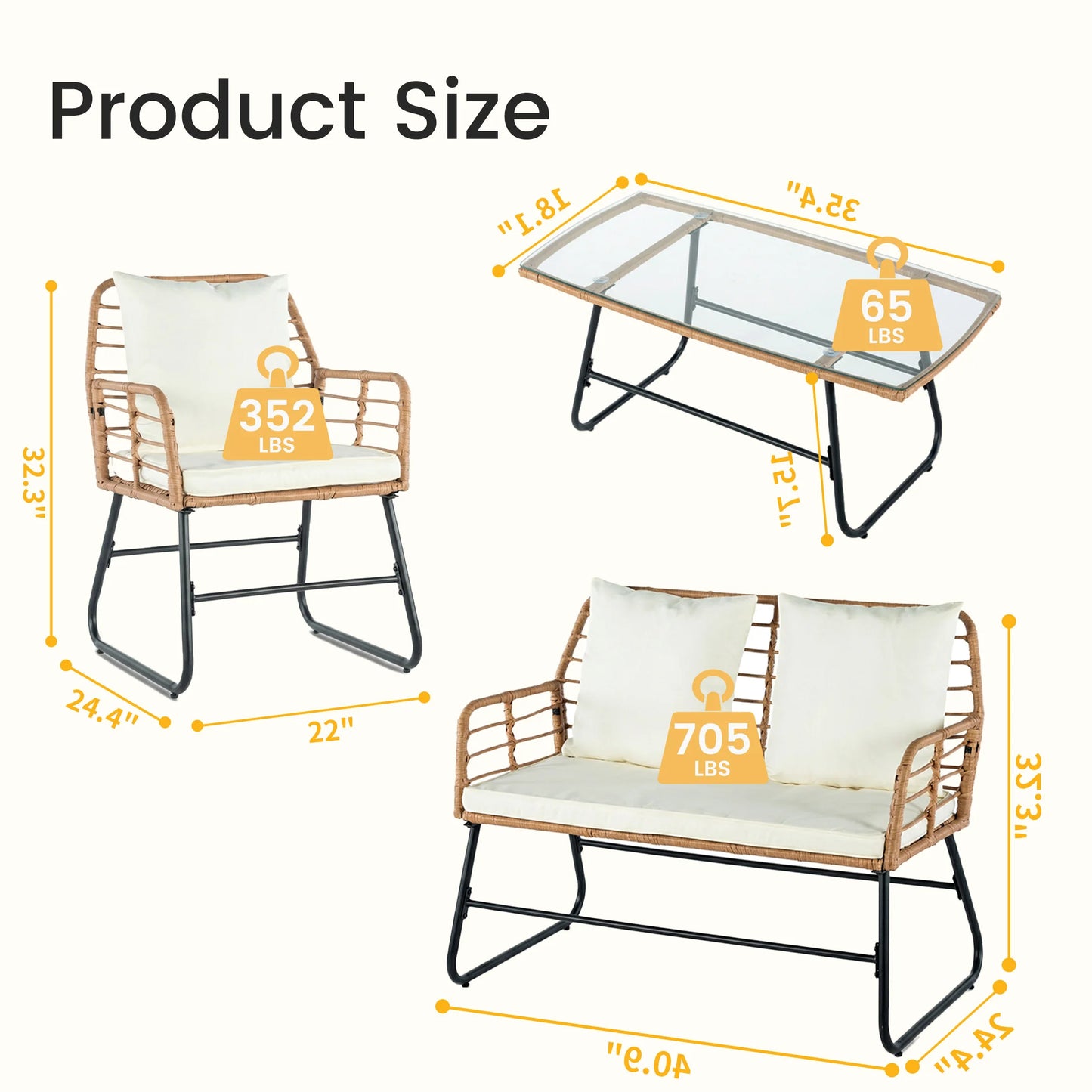 JHK Outdoor Wicker Patio Set 4 Pieces With Glass Table