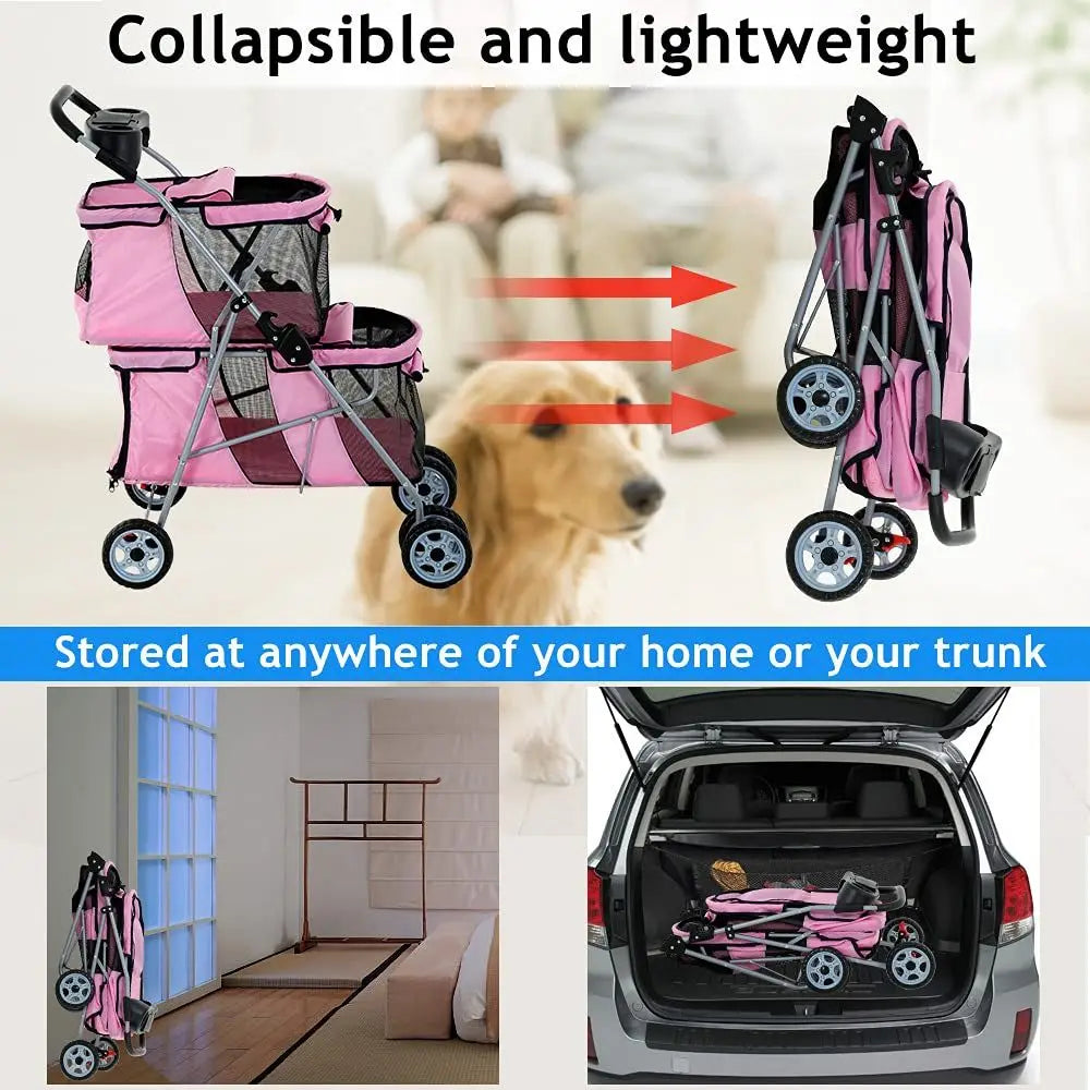 Four Wheel Pet Stroller For Small And Medium Dogs And Cats With Cup Holder