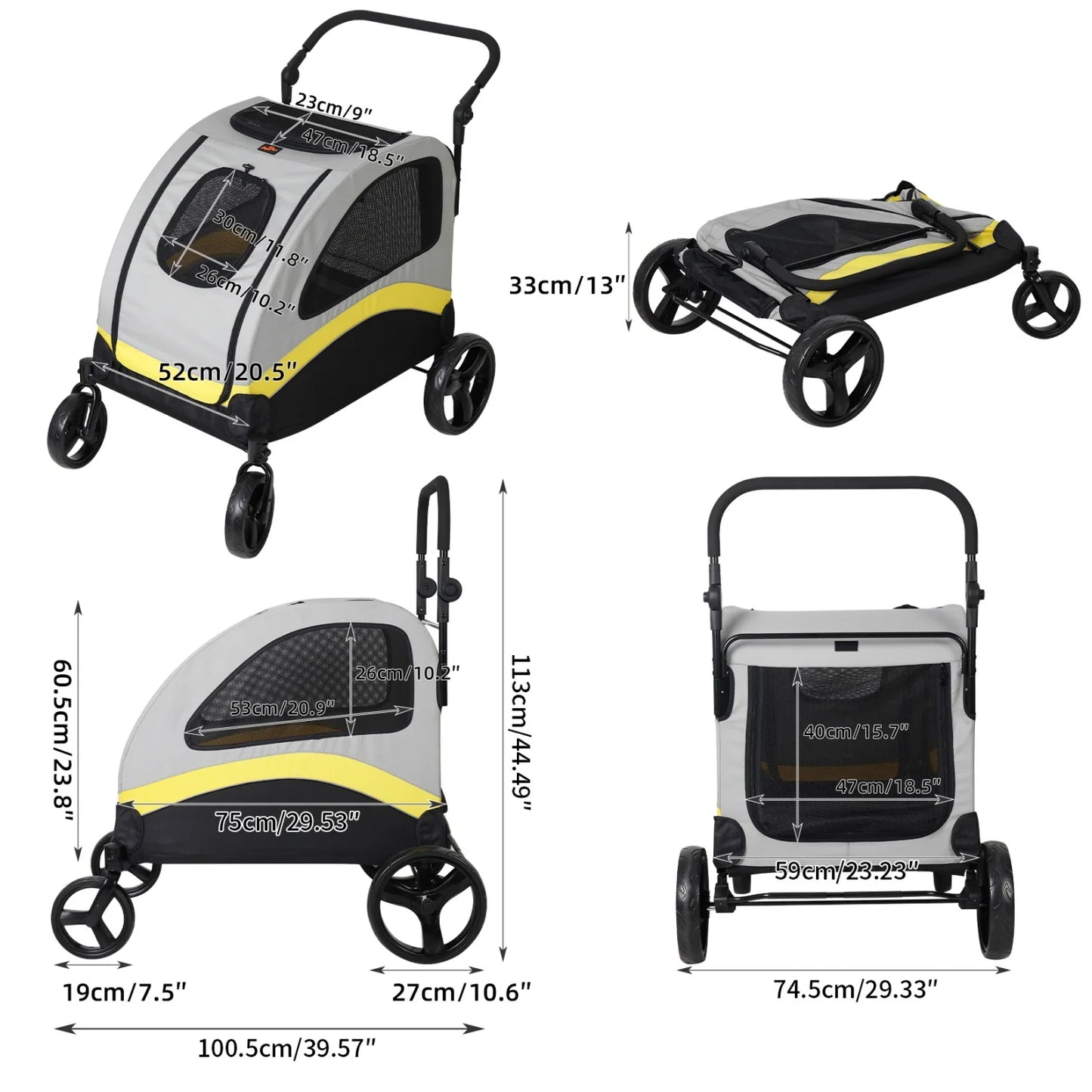 Pet Stroller For Two Dogs With Folding Zipper Divider