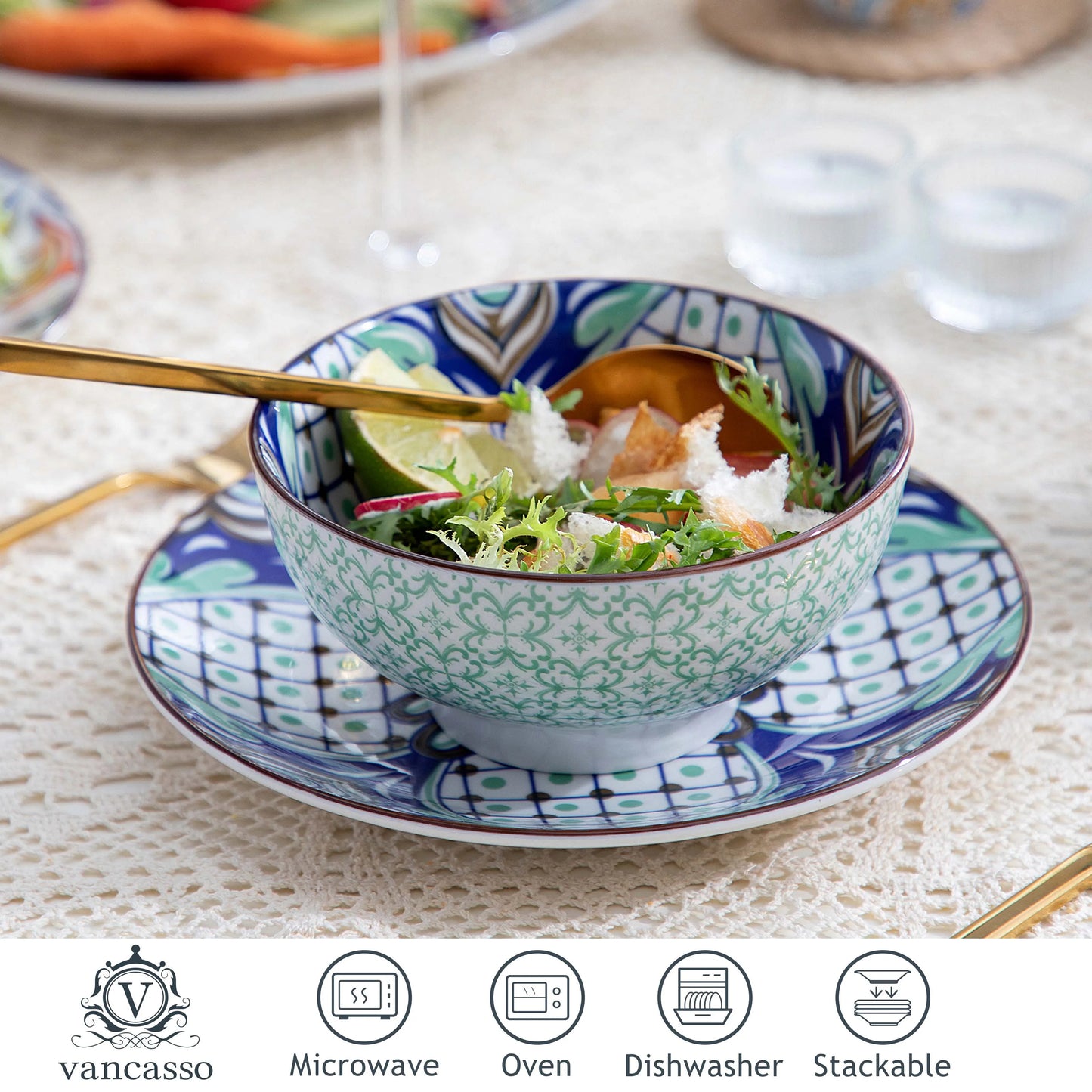 MALACASA Jasmin Pattern Porcelain Dinnerware Set With Plates Bowls Mugs