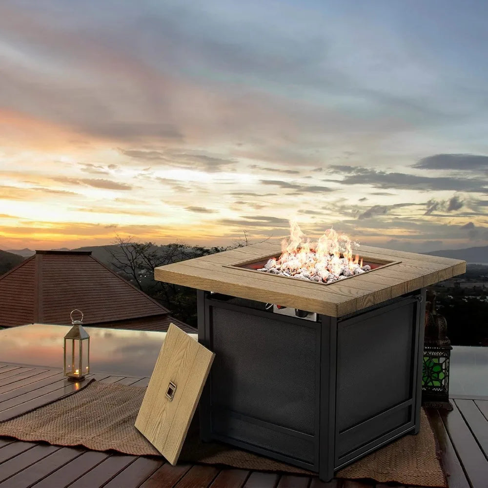 Propane Outdoor Square Smokeless Fire Pit Table With Woodgrain Finish