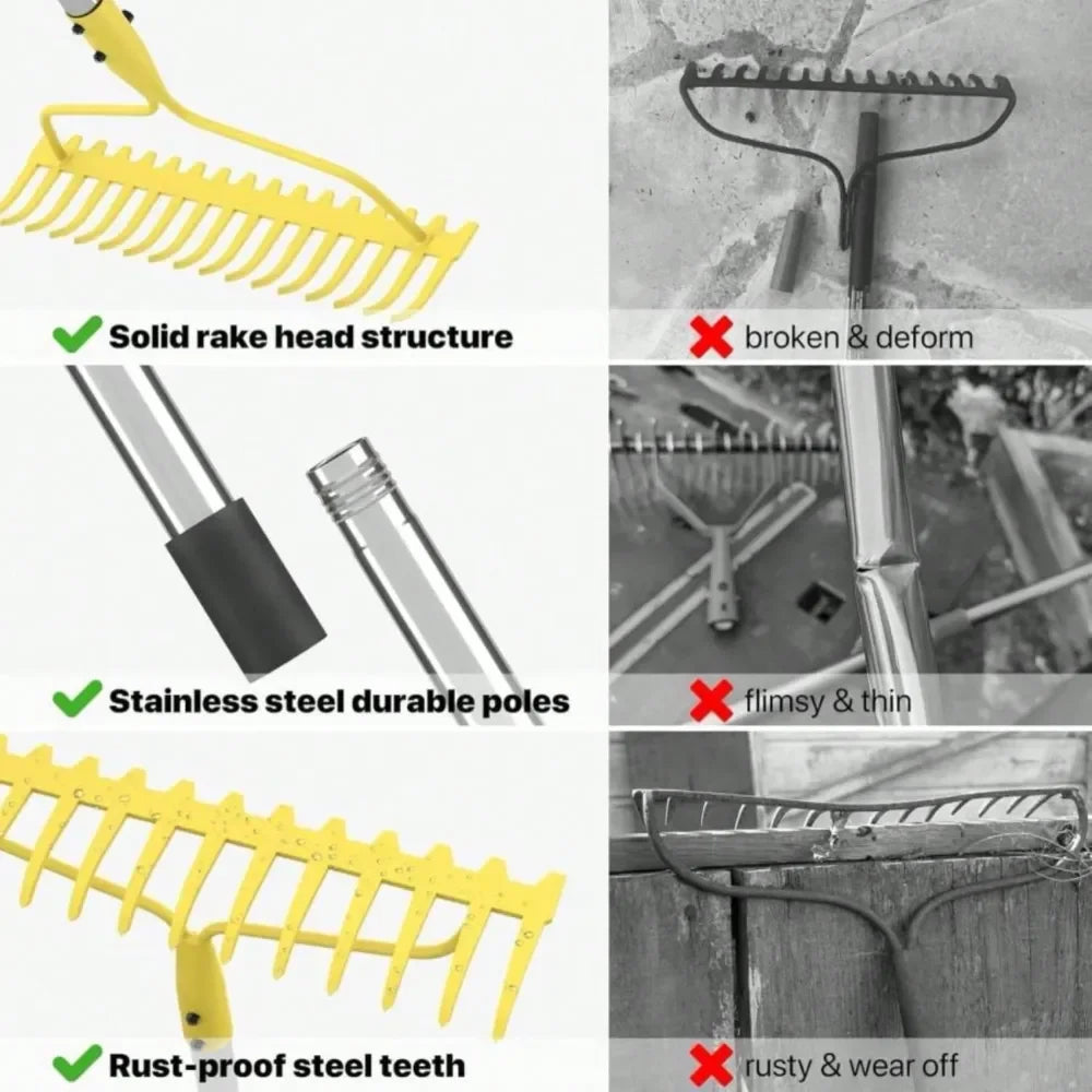Heavy Duty Bow Rake for Leaves, 17 Tines, Metal Handle