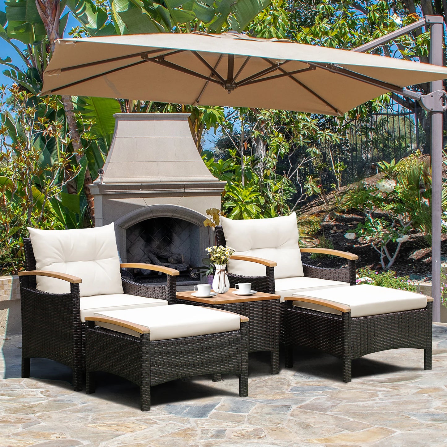 HOMASIS 5 Piece Patio Rattan Furniture Set With Wood Top