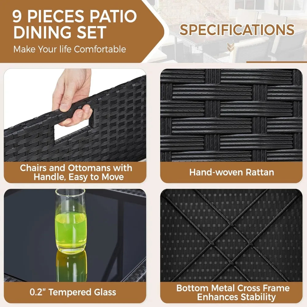 9 Piece Outdoor Patio Dining Set With Glass Table Ideal