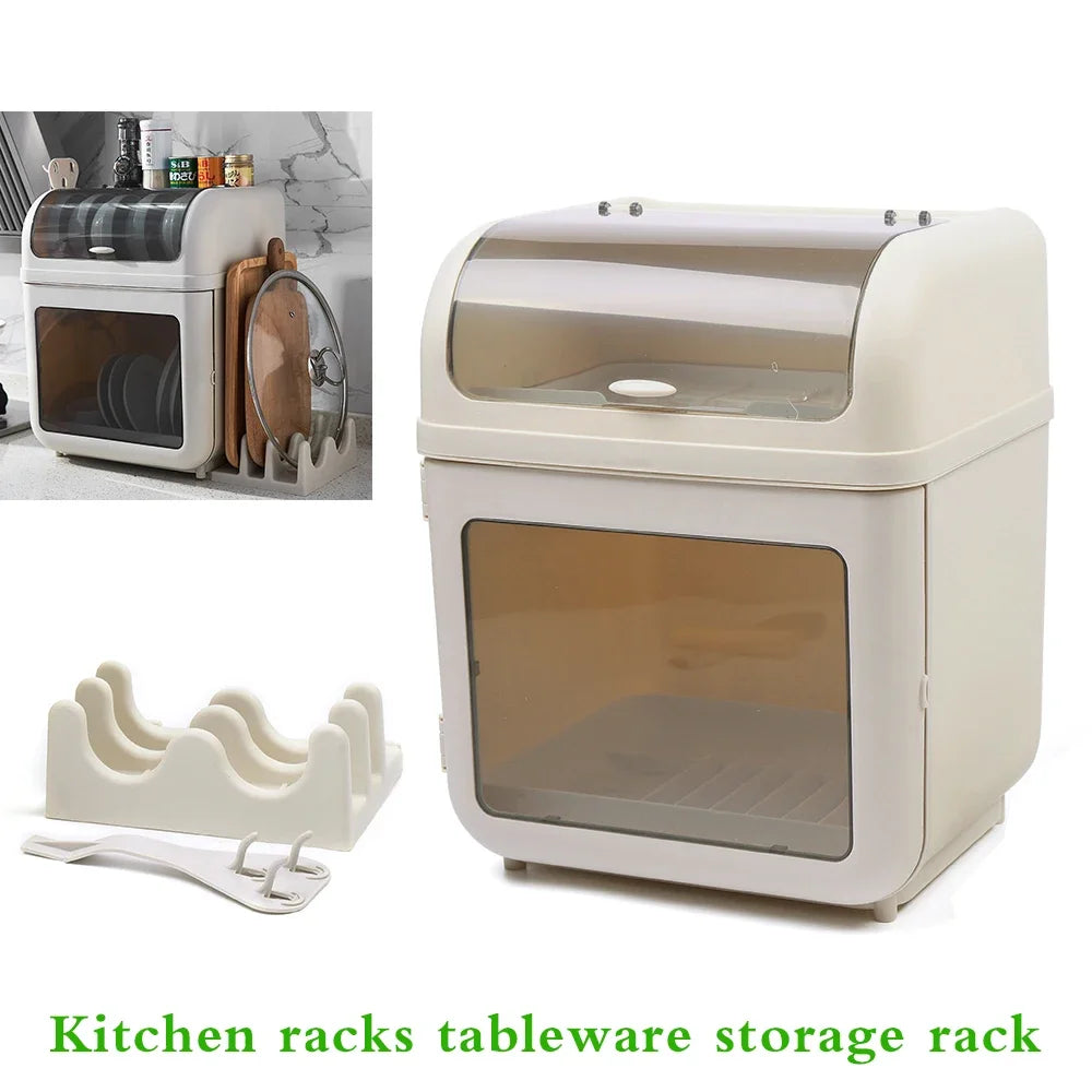 Dish Drying Rack With Cover Dustproof Drainer Basket Utensil Organizer