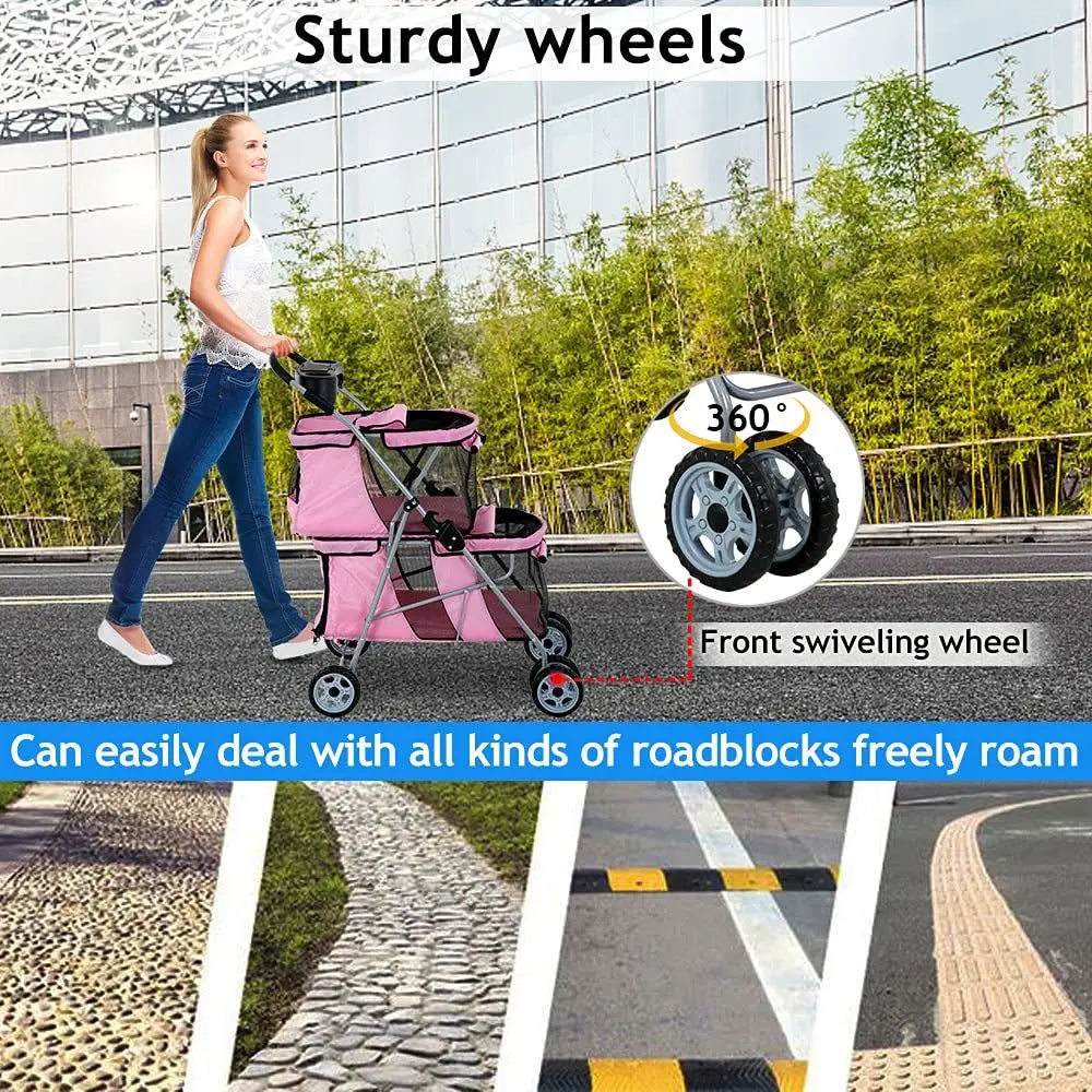Four Wheel Pet Stroller For Small And Medium Dogs And Cats With Cup Holder