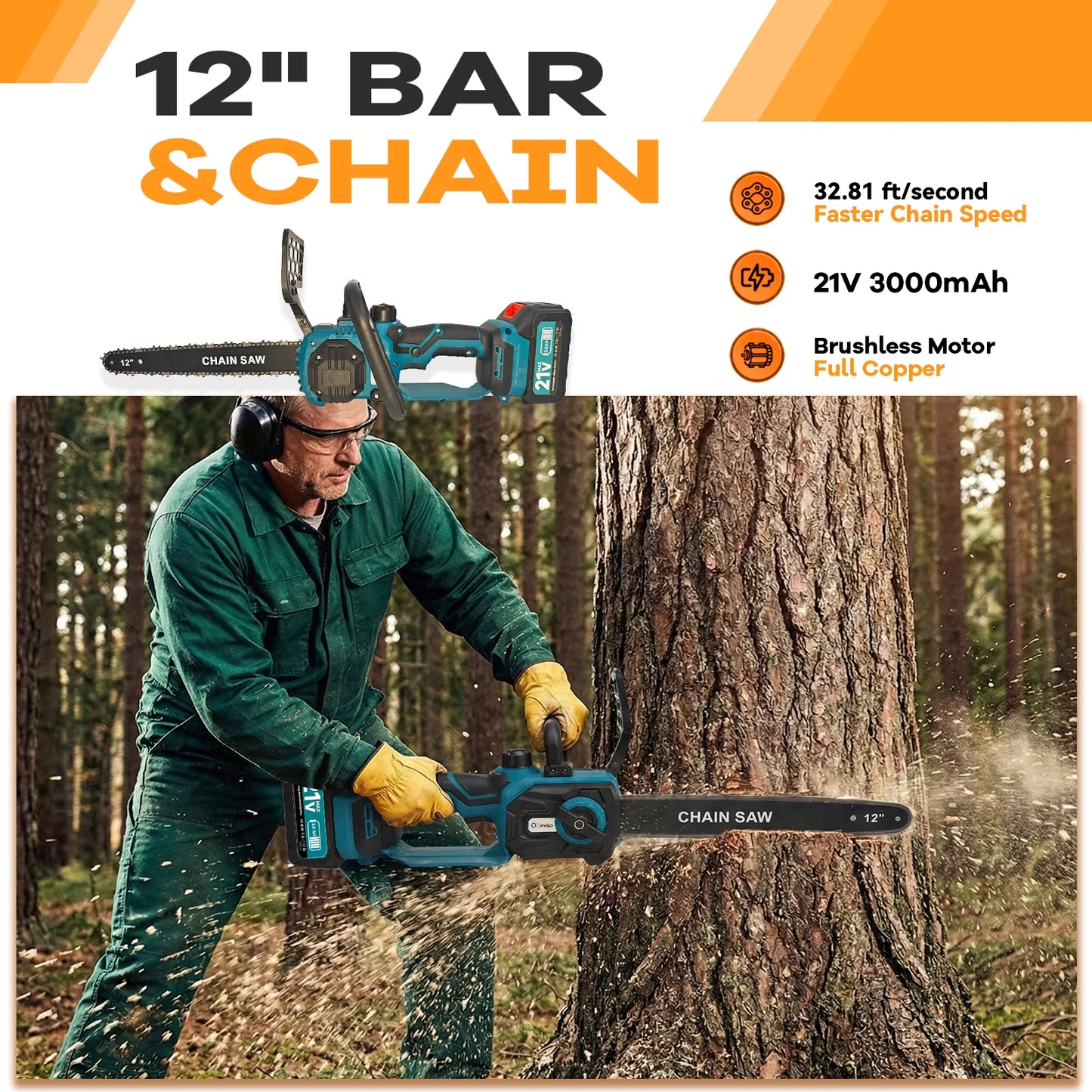 XYSD Cordless Electric Chainsaw 21V With 2x3000mAh Batteries