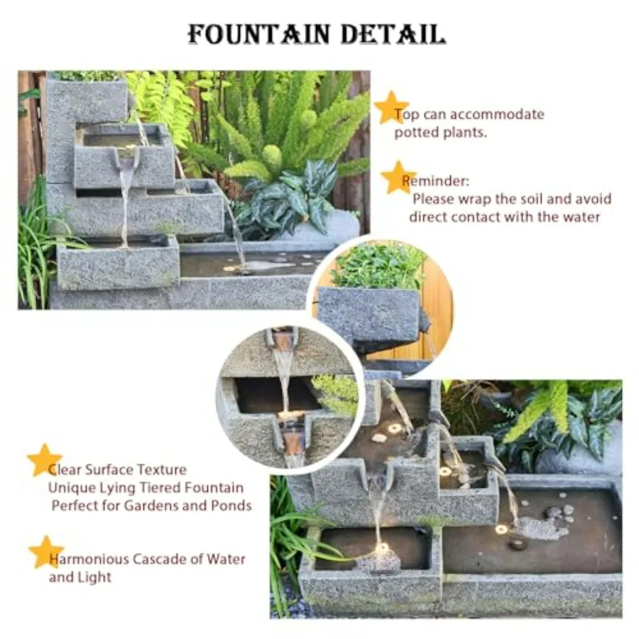 Tiered Water Fountain Outdoor Garden Cascade With LED Lighting Concrete