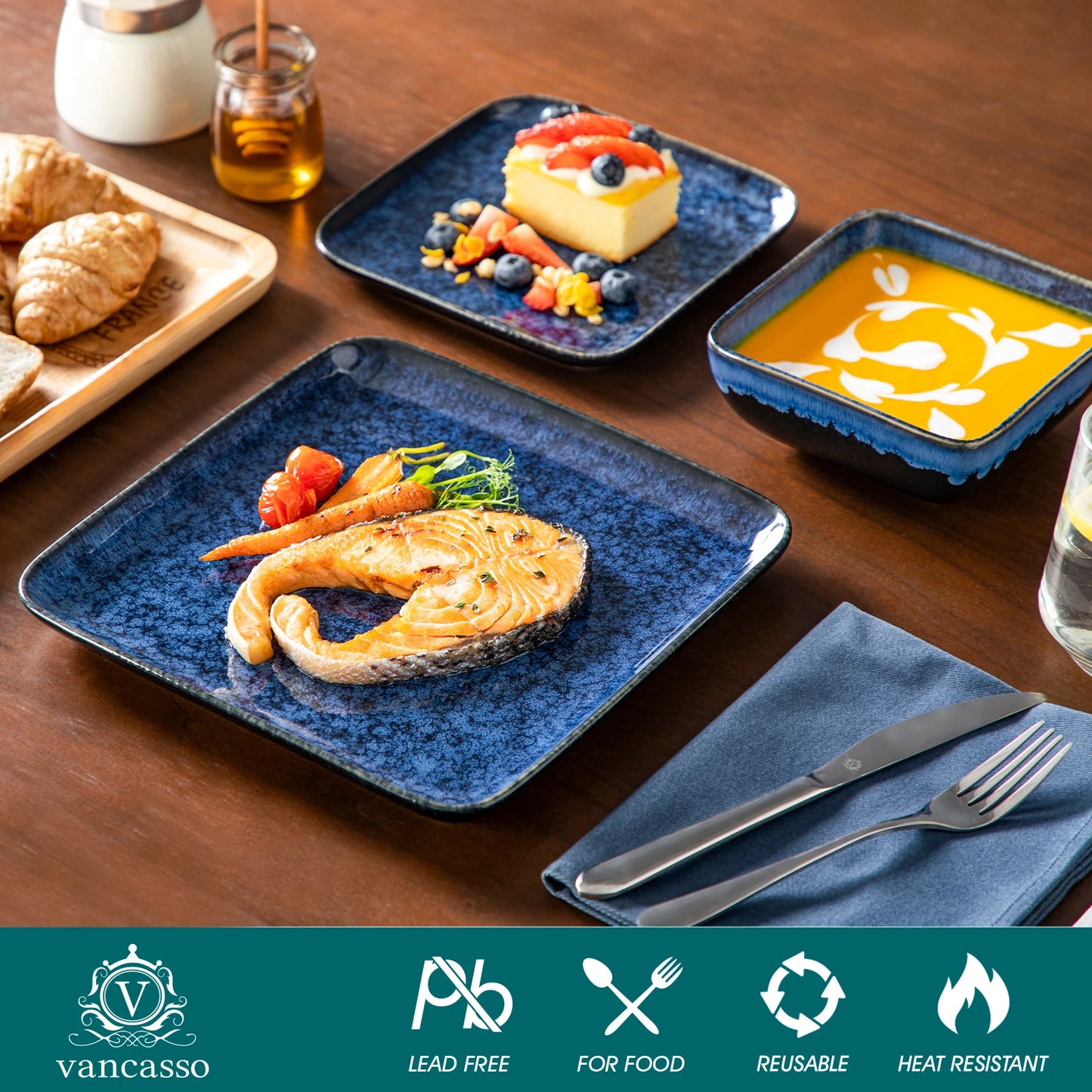 MALACASA Ceramic Dinner Set Square Reactive Glaze Dinnerware