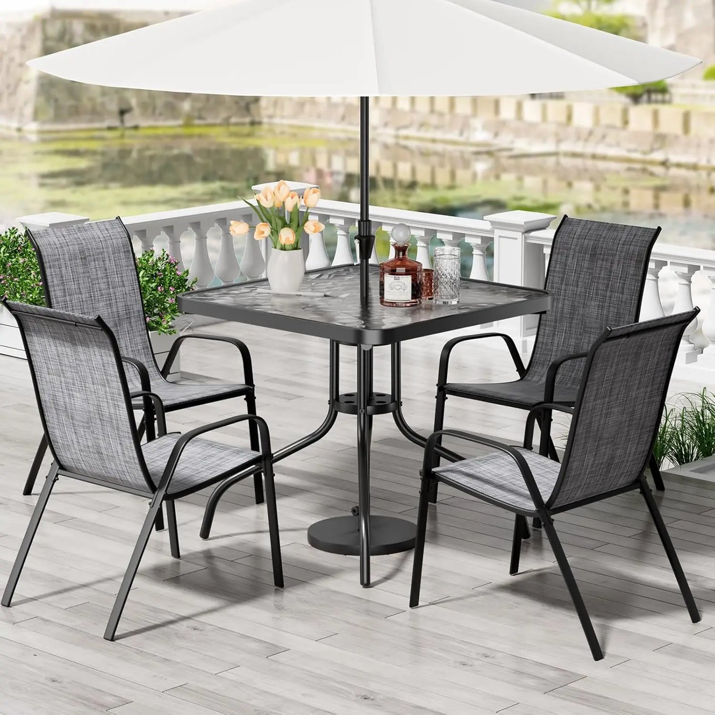 Patio Dining Set With Table And Four Textilene Chairs