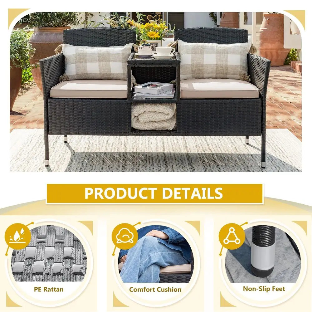 Outdoor Patio Loveseat Set With Cushions And Coffee Table