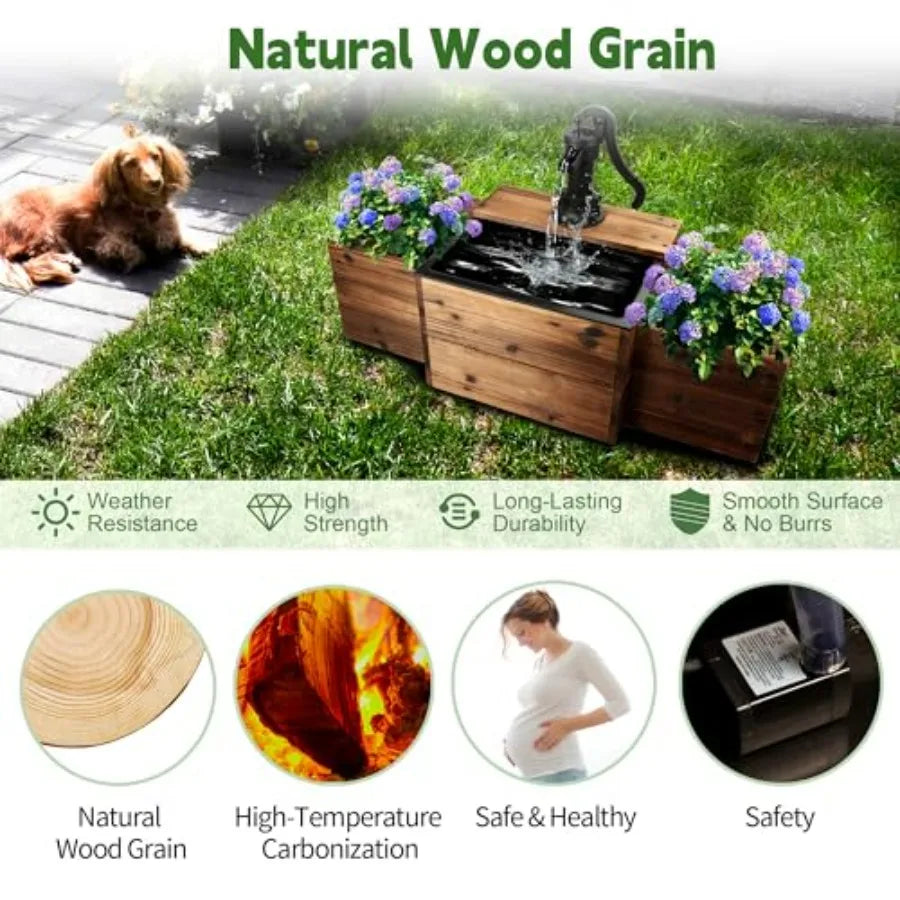 Outdoor Water Fountain With Wooden Floor Pump And Flower Box